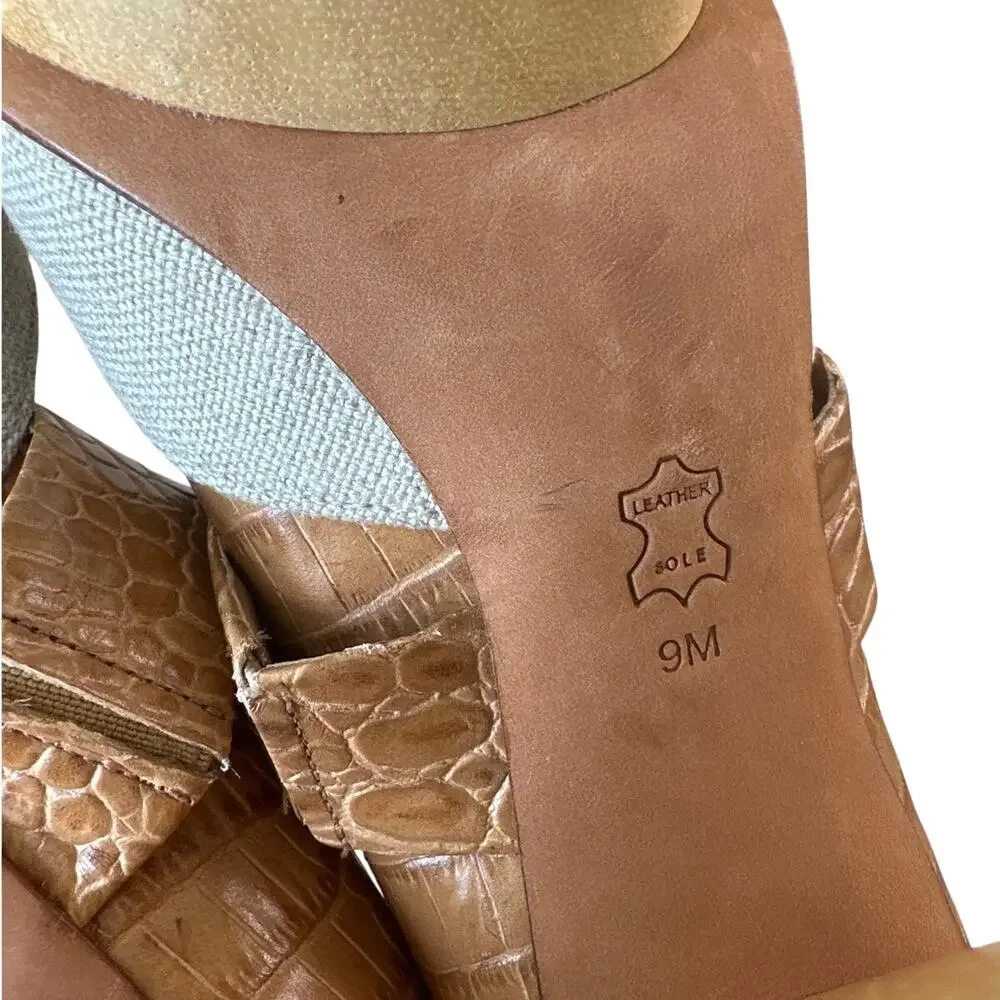 Tory Burch Georgina Linen Platform Heels Croc Leather Peep Toe Sz 9